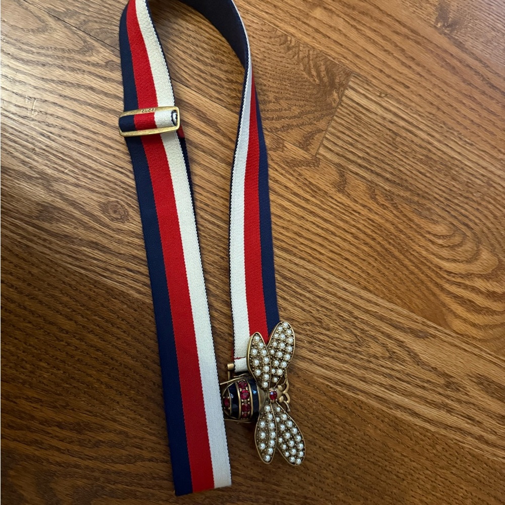 Gucci Red, White, and Blue Belt with Pearl Butterfly